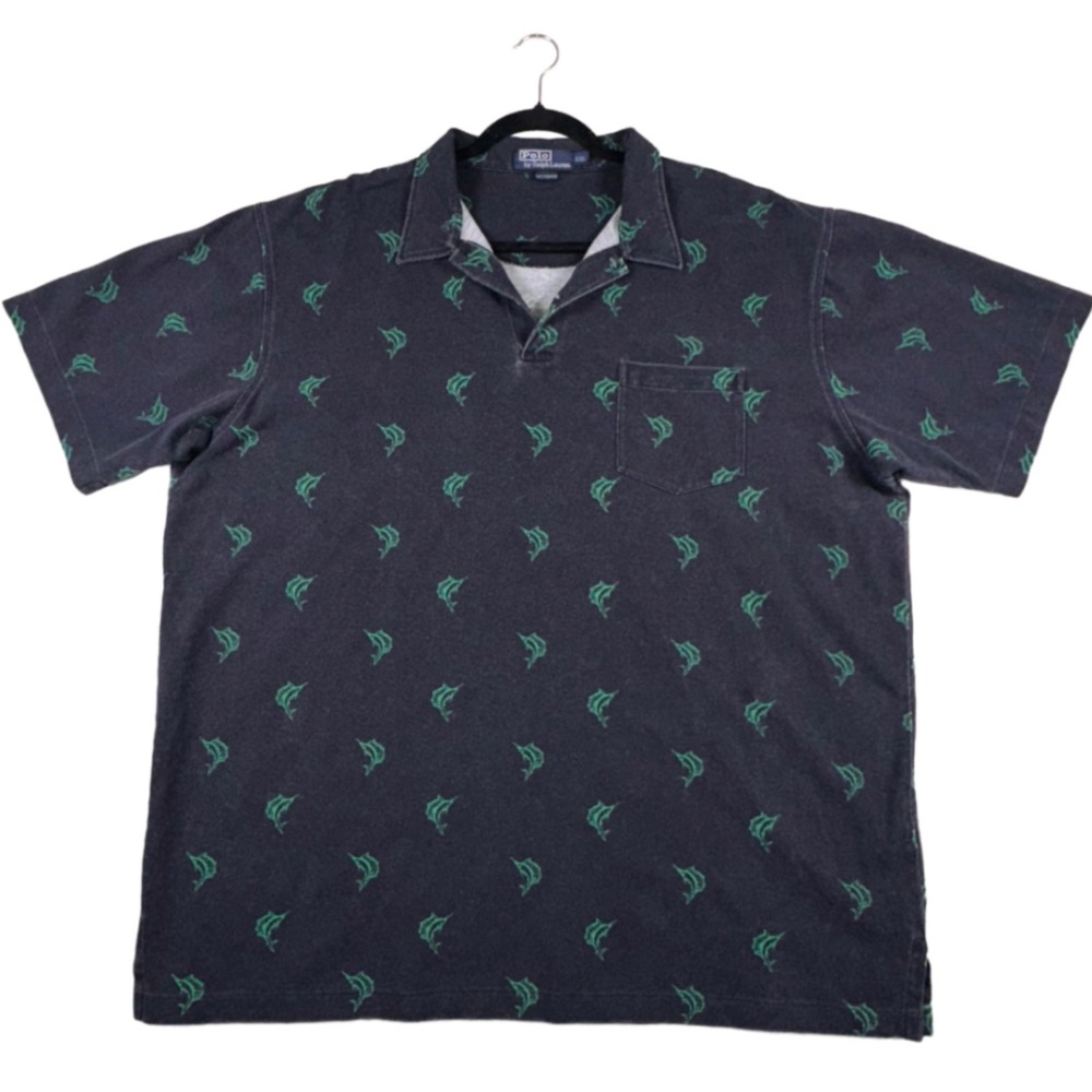 VTG 90's Polo Ralph Lauren Men XXL Black Stone Wash Marlin Fish Print Polo Shirt